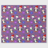 パープルペンギンと雪片かわいいクリスマス ラッピングペーパー (フラット)