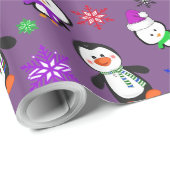 パープルペンギンと雪片かわいいクリスマス ラッピングペーパー (ロールコーナー)