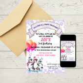 パープルペンギンズアイススケートで滑る誕生日招待状 招待状