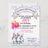 パープルペンギンズアイススケートで滑る誕生日招待状 招待状 (正面)