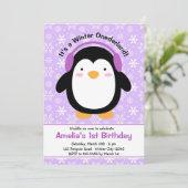 パープルペンギン誕生日招待状（女子） 招待状 (スタンド正面)