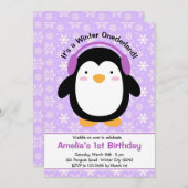 パープルペンギン誕生日招待状（女子） 招待状 (正面/裏面)