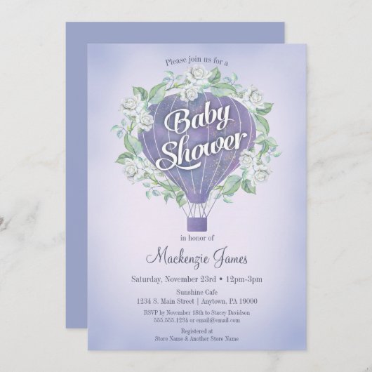 パープルホットエアバルーンベビーシャワー招待状 招待状 (正面/裏面)