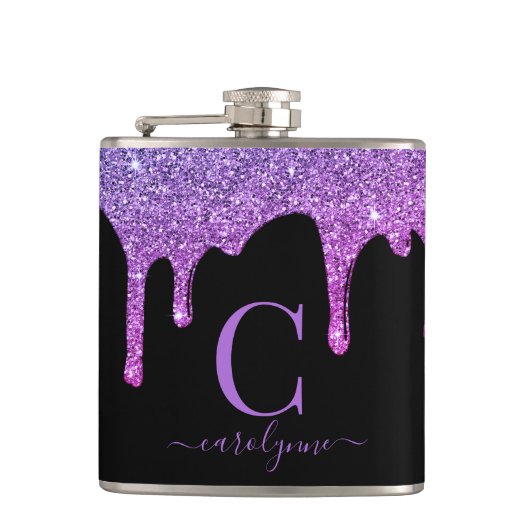 パープルホットピンクスパークルグリッタードリップスモノグラム フラスク (正面)
