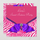 パープルホットピンクゼブラスウィート16誕生日パーティー 招待状 (正面/裏面)