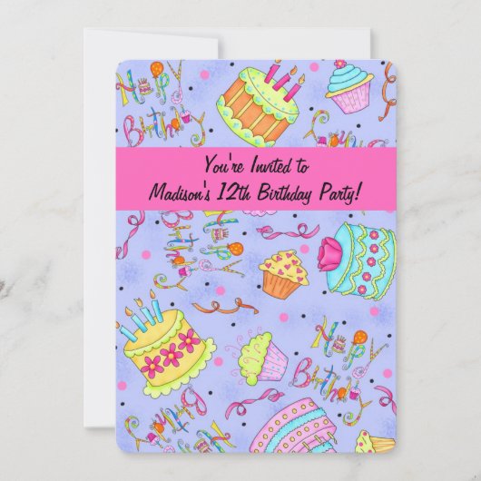 パープルホットピンクトゥイーンの12誕生日招待状 招待状 (正面)