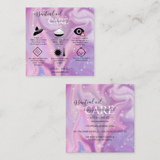 パープルホログラフィックエッセンシャル油気に スクエア名刺 (正面/裏面)