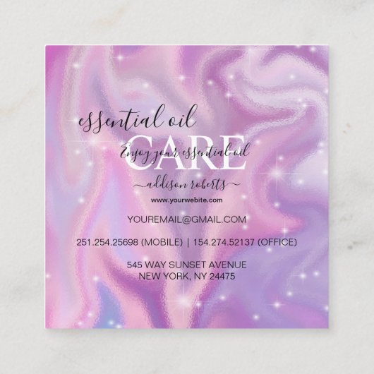 パープルホログラフィックエッセンシャル油気に スクエア名刺 (裏面)