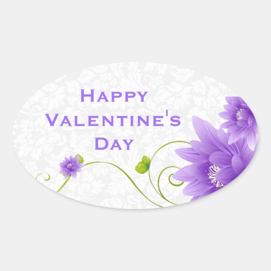 パープルホワイトおよびグリーンフローライラストレーション 楕円形シール (正面)