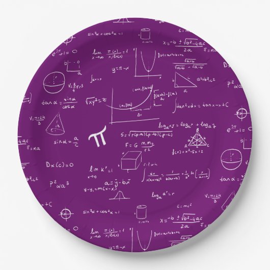 パープルホワイトの数学の方程式グラフィック卒業式 ペーパープレート (正面)