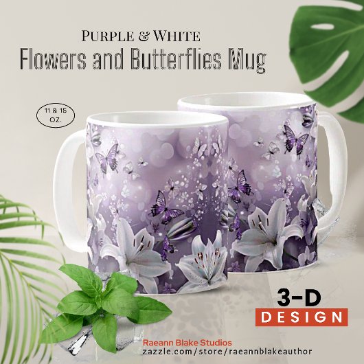 パープルホワイトの立体花と蝶々マグ コーヒーマグカップ