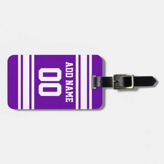 パープルホワイトサッカーストライプ名前をカスタムする番号 ラゲッジタグ (正面横)