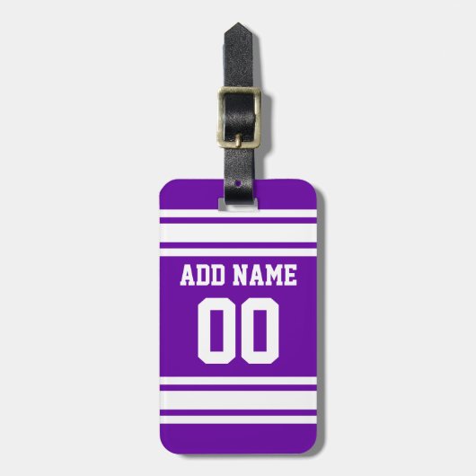 パープルホワイトサッカーストライプ名前をカスタムする番号 ラゲッジタグ (正面縦)