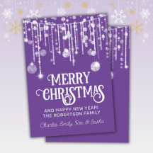 パープルホワイトストリングライツクリスマスホリデーカード