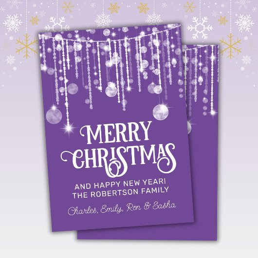 パープルホワイトストリングライツクリスマスホリデーカード 招待状