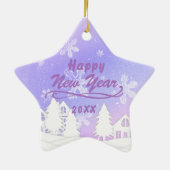 パープルホワイトスノーハウスクリスマスニューイヤー セラミックオーナメント (裏面)