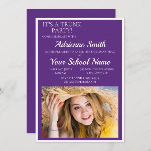 パープルホワイトトランクカレッジのパーティー写真 招待状 (正面/裏面)