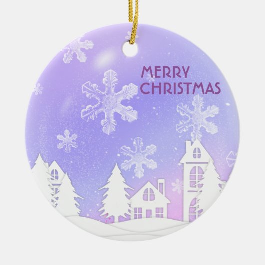 パープルホワイトトランスルーセントスノーフレークススノーハウス セラミックオーナメント (正面)
