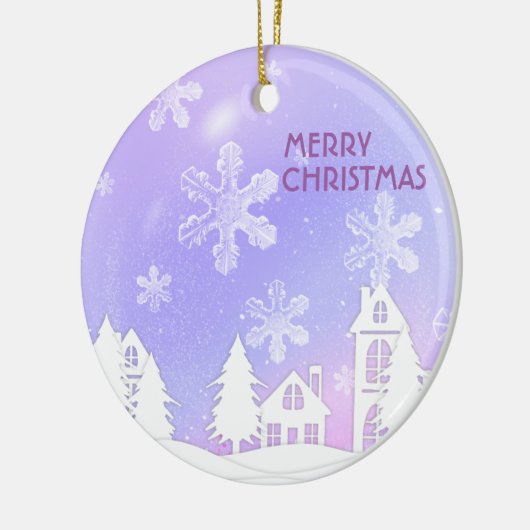 パープルホワイトトランスルーセントスノーフレークススノーハウス セラミックオーナメント (左)