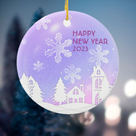 パープルホワイトトランスルーセントスノーフレークススノーハウス セラミックオーナメント