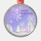 パープルホワイトトランスルーセントスノーフレークススノーハウス メタルオーナメント (正面)