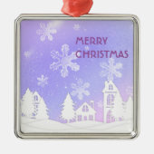 パープルホワイトトランスルーセントスノーフレークススノーハウス メタルオーナメント (正面)