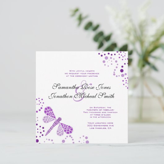 パープルホワイトトンボポインティリズムのカスタムウェディング 招待状 (スタンド正面)