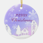 パープルホワイトハウススノーフレーククリスマス新年 セラミックオーナメント (正面)