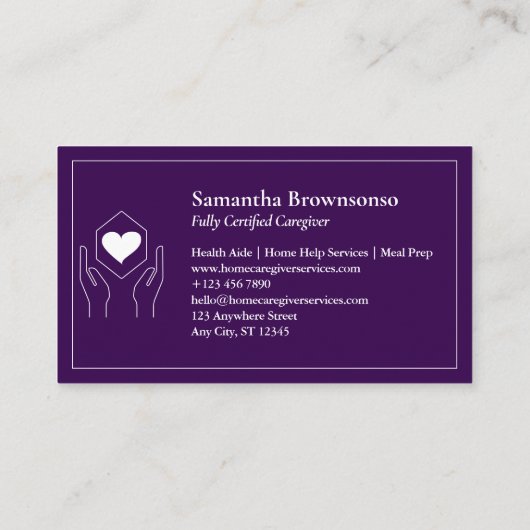 パープルホワイトハンドハートミニマル介護者 名刺 (裏面)