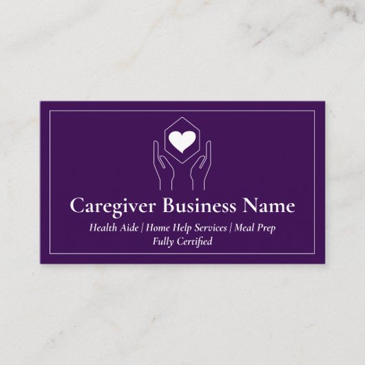 パープルホワイトハンドハートミニマル介護者 名刺 (正面)