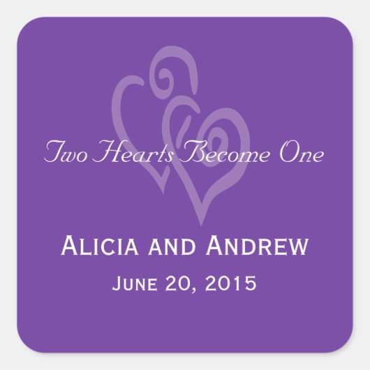 パープルホワイトハート結婚式の引き出物シール スクエアシール (正面)