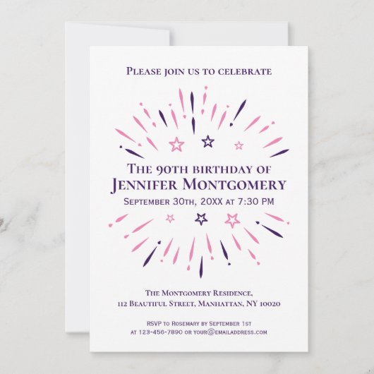 パープルホワイトピンク90th誕生日パーティー花火 招待状 (正面)