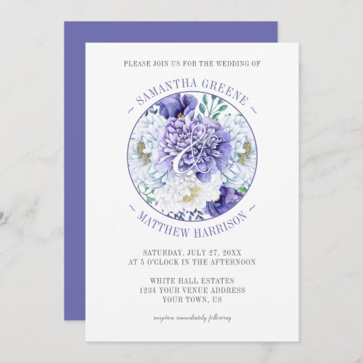 パープルホワイトピーニーズポピー結婚ズタイポグラフィ 招待状 (正面/裏面)