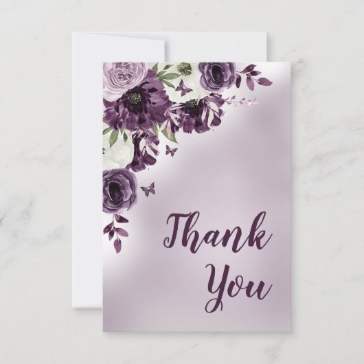 パープルホワイトフラワーズバタフライ誕生日 サンキューカード (正面)
