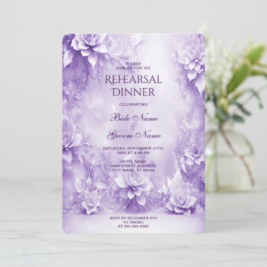 パープルホワイトフラワーズリハーサルディナー招待状 招待状 (スタンド正面)