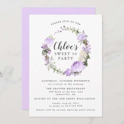 パープルホワイトフラワー wreath スイート16パーティー 招待状 (正面/裏面)