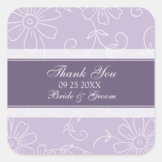 パープルホワイトフローラありがとう結婚式の引き出物ラベル スクエアシール (正面)