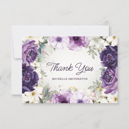 パープルホワイトフローラグリッター誕生日ありがとう サンキューカード (正面)