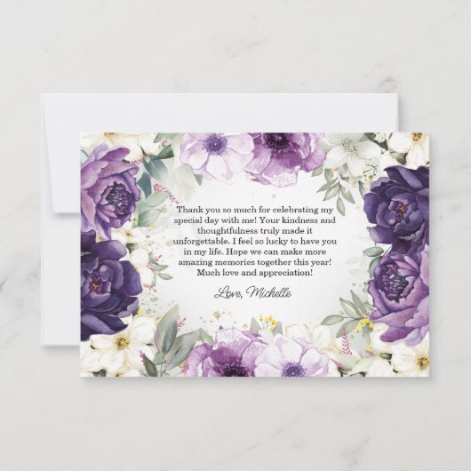 パープルホワイトフローラグリッター誕生日ありがとう サンキューカード (裏面)