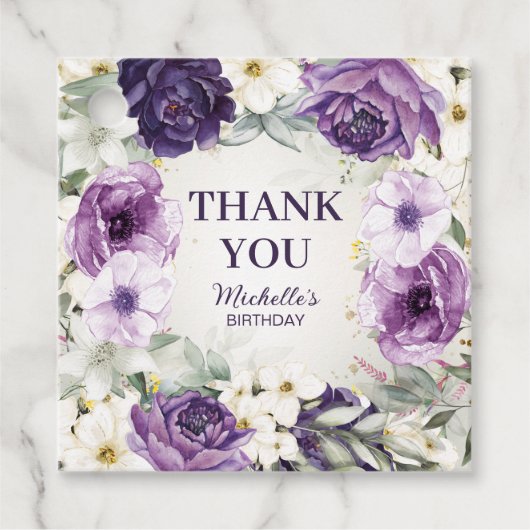 パープルホワイトフローラグリッター誕生日ありがとう フェイバータグ (正面)
