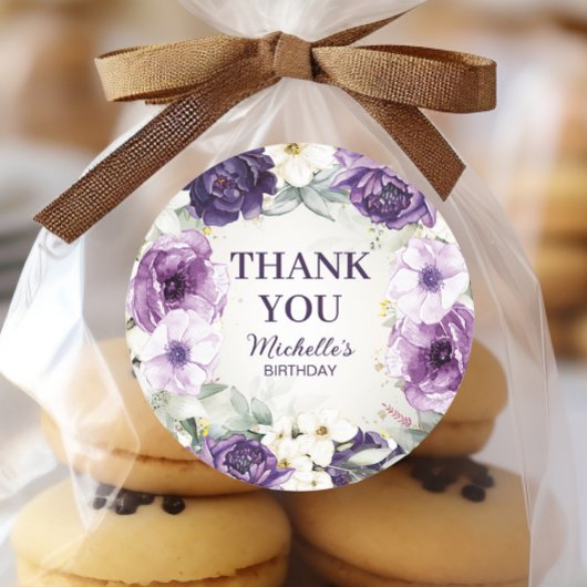 パープルホワイトフローラグリッター誕生日ありがとう ラウンドシール