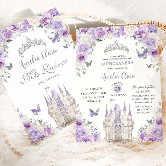 パープルホワイトフローラプリンセスキャッスルキンセアニェラXV 招待状