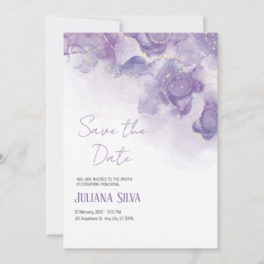 パープルホワイトフローラ結婚式招待状 招待状 (正面)