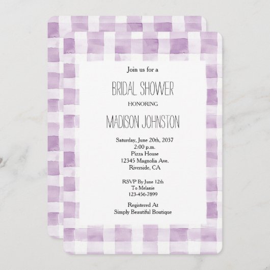 パープルホワイトプレイドストライプブライダルシャワー 招待状 (正面/裏面)