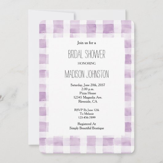 パープルホワイトプレイドストライプブライダルシャワー 招待状 (正面)