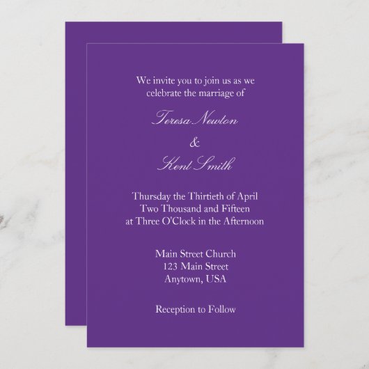 パープルホワイトプレーンシンプル結婚式招待状 招待状 (正面/裏面)