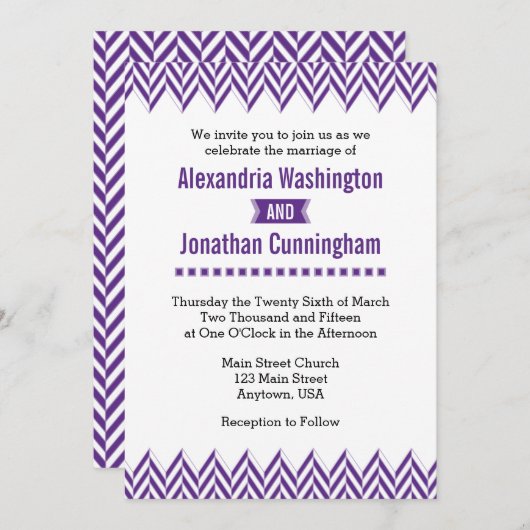 パープルホワイトヘリンボーン結婚式招待状 招待状 (正面/裏面)