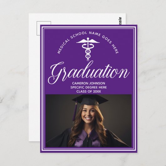 パープルホワイトメディカルスクール写真卒業パーティー ポストカード (正面/裏面)