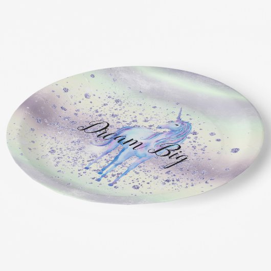 パープルホワイトユニコーンスパークルグリッタードリーム ペーパープレート (アングル)