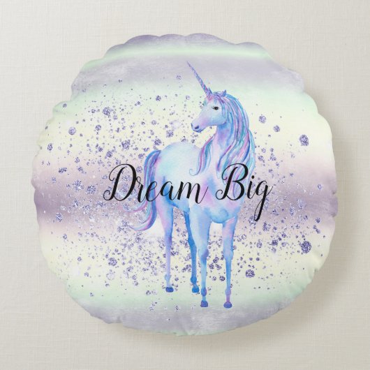 パープルホワイトユニコーンスパークルグリッタードリーム ラウンドクッション (正面)